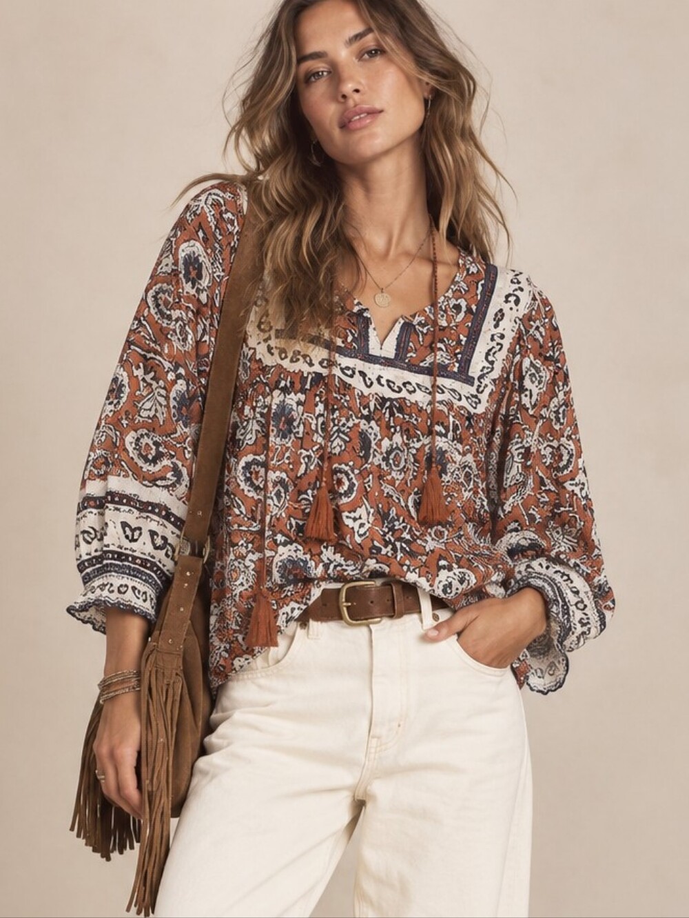 NWT CLEOBELLA Amy Blouse In Sienna Block Print Organic Cotton Tassels Smocked S